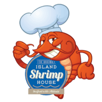 Original Island Shrimp House logo featuring a cartoon shrimp chef holding a blue badge that reads “The Original Island Shrimp House” and “Seafood with Attitude”