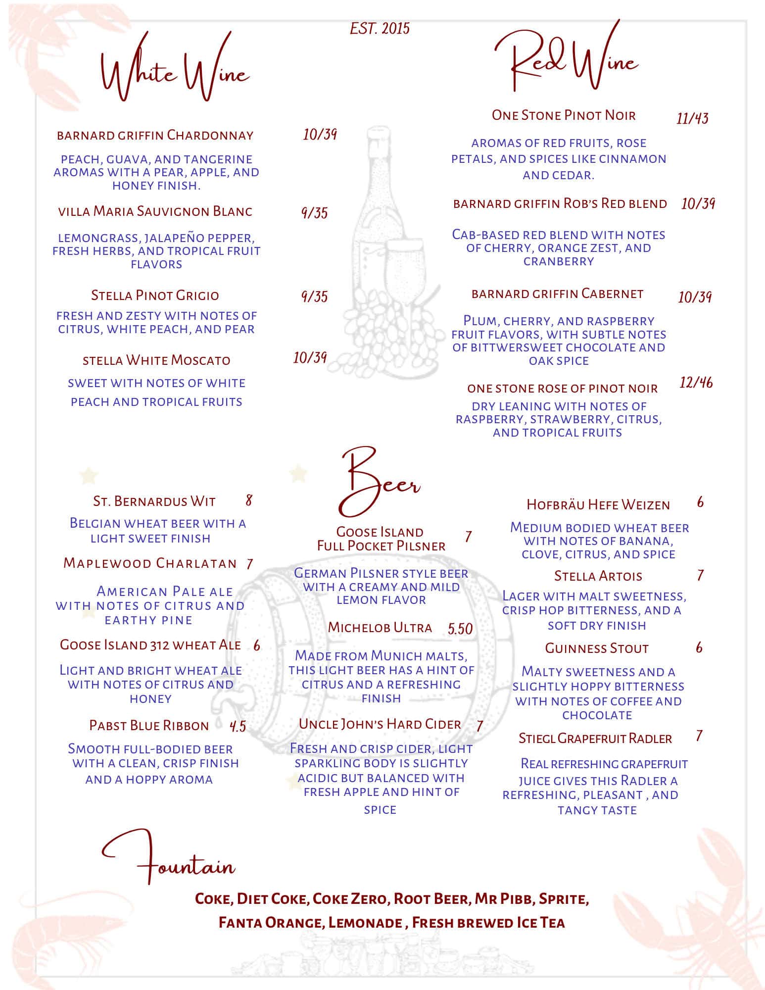 Beer and wine menu featuring red, white, and sparkling options at The Original Island Shrimp House.